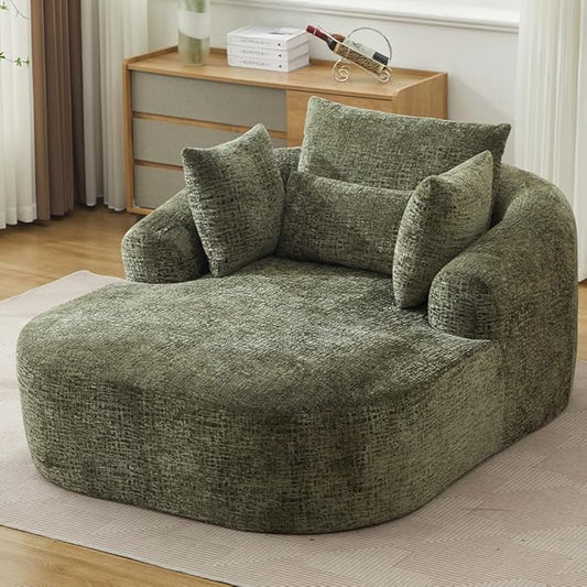 Oversized Chaise Longue Chair Indoor Modern Upholstered Chenille Deep Seat Sofa Bed with Throw Pillows and Armrests Sleeper Sofa Couch for Living Room Bedroom Apartment (Olive Green)