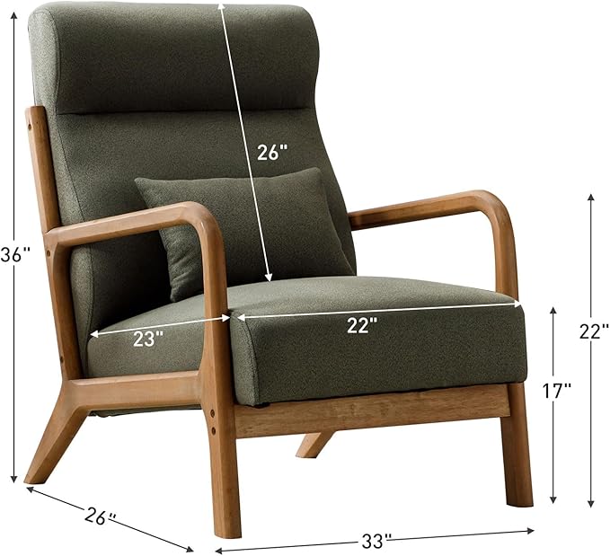 ANJ Mid Century Modern Accent Chair with High Back Single Lounge Armchair with Solid Wood Frame Comfy Reading Chair for Living Room Easy Assembly