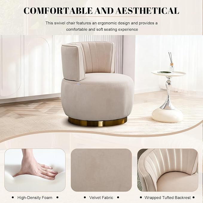 360 Degree Swivel Accent Chair Comfy Round Swivel Barrel Chair with Mental Base Upholstered Cozy Reading Armchairs Modern Lounge Sofa Chairs for Living Room Bedroom Club Office(Velvet Beige)