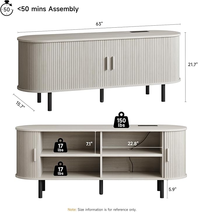 ONBRILL 63 TV Stand with Power Outlet for TVs up to 70 Inch Entertainment Center with Storage and Adjustable Shelves Modern Media Console with Sliding Doors for Living Room Natural White