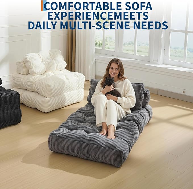Folding Sofa Bed Convertible Sleeper Chair with Pillow Foldable Mattress&ampSide Pocket Portable Fold Out Chair Bed Comfy Floor Sofa Lounge for Living Room Bedroom Dark Grey Single