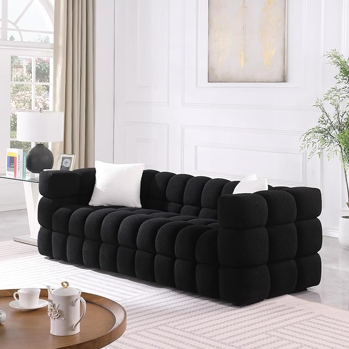 Comfy Marshmallow Loveseat Sofa3 Seater Boucle Cloud Couch with 2 Pillows Upholstered Love Seat with Throw Pillows Modern Living Sofa or Office Waiting Room (Black)