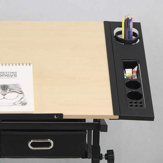 Adjustable Drawing Table Desk with 2 Drawers for Home Office and School with Stool(Wood)