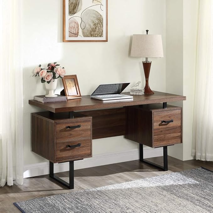 Home Office Computer Desk with Drawers/Hanging Letter-Size Files 59 inch Writing Study Table with Drawers