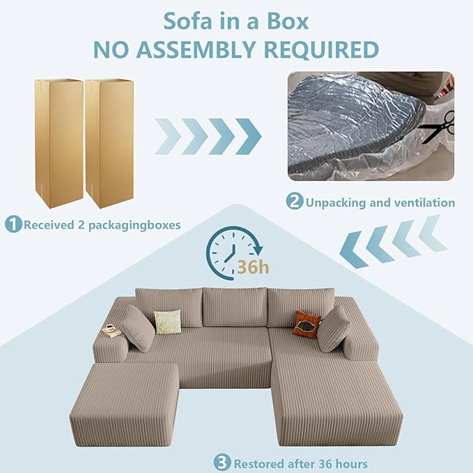 96 W Cloud Sectional Couch with OttomanModern U-Shaped Cloud Couch with Deep SeatComfy Corduroy 3-Seater SofaMemory Foam Sofa for Living RoomNo Assembly (CamelRight-Facing Chaise)