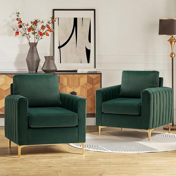 HULALA HOME Velvet Accent Club Chairs Set of 2 Modern Velvet Armchair Upholstered Accent Club Chairs Sofa Chairs with Gold Metal Legs Mid-Century Barrel Leisure Comfy Reading Armchair Green