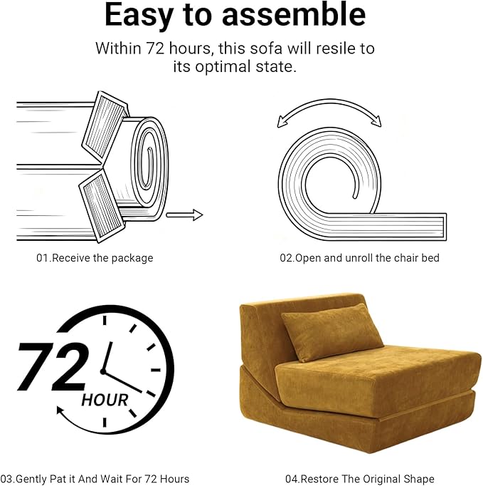 Folding Sofa Bed Chair Convertible Sleeper Sofa Couch Bed w/Pillow Lounge w/Back Support &amp Washable Cover for Living Room Bedroom Apartment Office (Yellow) | With ashable cover Foldable chai