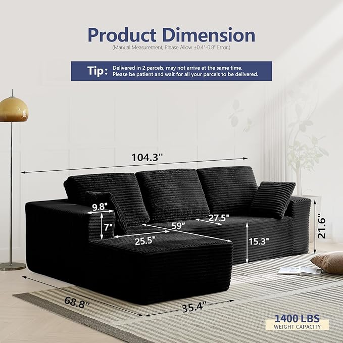 104 L-Shape Couch Modular Sectional Sofa Couches 3 Seat Modular Sofa Corduroy Couch for Living Room Cloud Couch with Oversized Chaise Deep Seat No Assembly Required (Black Left Facing Chaise)