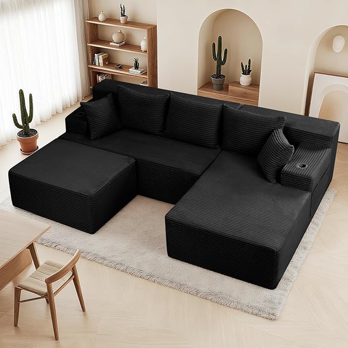 Boneless Couch Cloud Modular Sectional Sofa Modern Convertible L Shaped 3 Seat Corduroy Deep Seat Boneless Couches with 5 Pillows for Living Room Apartment (Black Right Facing Chaise+Ottoman)