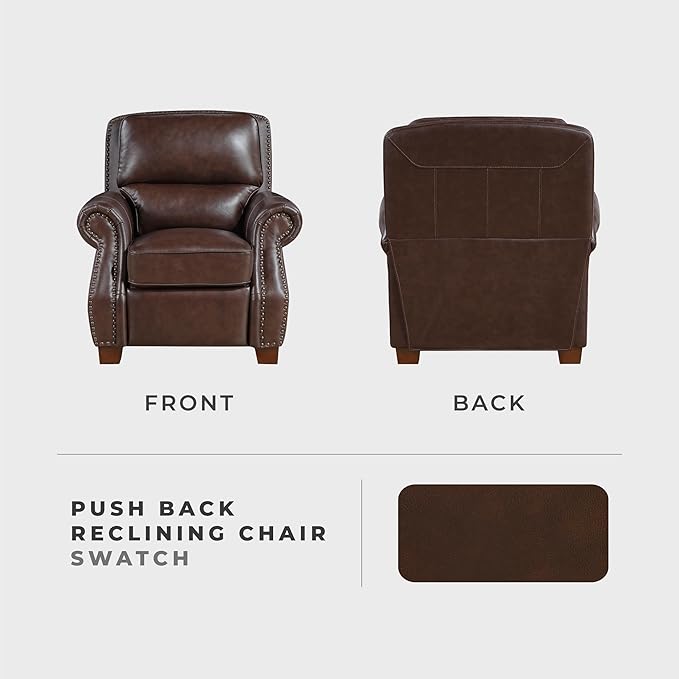 Lexicon Push Back Reclining Chair Top Grain Leather Match Push Back Recliner Chair with Nailhead Trim Rolled Arms Solid Wood Legs for Living Room/Apartment/Office Easy Assembly Brown