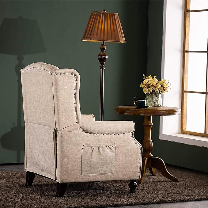 Recliner Wingback Chair - Tufted Armchair - Massage Recliner Chair with Heat - Fabric Push Back Recliner with Remote Control Heating Function Adjustable Backrest (Beige)