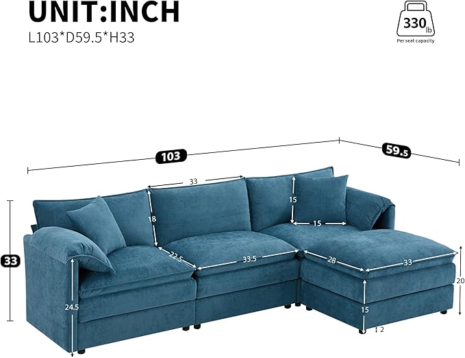 roomfitters 103 Chenille Sectional Sofa L Shaped Cloud Couch with Deep Wide Seat 4 Seat Sofa with Ottoman Blue