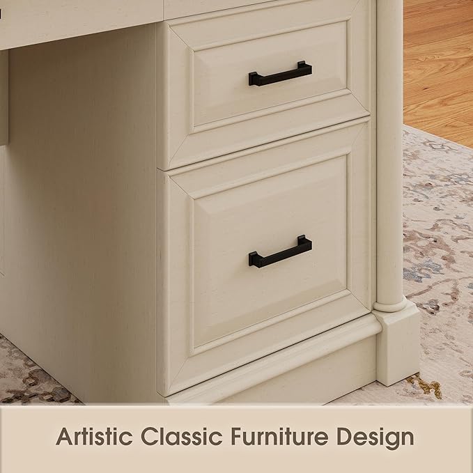 61.85″ Executive Desk with Roman Column Design Large Boss Office Desk 3 Drawers incl. File Drawer Keyboard Tray Cabinet Shelf with Door White with Brown Desktop