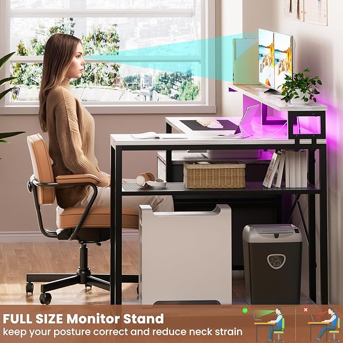 Aheaplus L Shaped Desk with File Drawer Reversible L Shaped Computer Desk Gaming Desk with Power Outlet &amp LED Strip Home Office Desk with Monitor Shelf Corner Desk with Storage Shelves White O