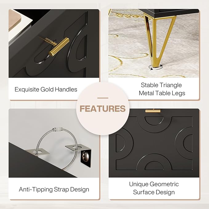 Tribesigns 59-Inch Black Executive Computer Desk with 4 File Drawers Storage Modern Writing Table Luxury Desk with Gold Legs for Home Office