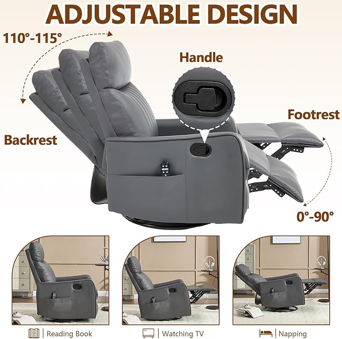 Massage Recliner Chair with Heat Slim Recliners for for Adults Swivel Rocking Chair Recliner with High Back Small Recliner Chair for Small Spaces Living Room Adjustable Footrest (Dark Grey)