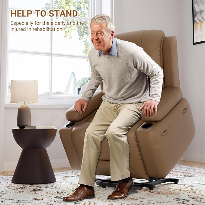Power Lift Recliner with Heat and Massage – Adjustable Reclining Chair for Elderly with Cup Holders Side Pockets and USB Port for Living Room 22 Seat Earthy Yellow