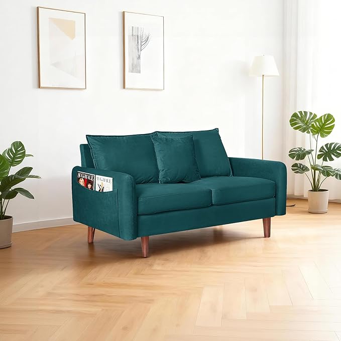 56.1 Round Arm Velvet Loveseat with Side Pockets and a Square Pillow (Dark Cyan) | Side Storage Pockets Pillow Included