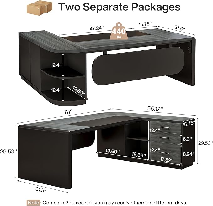 Tribesigns 81-Inch L-Shaped Executive Desk Large Modern Office Desk with Drawers and File Cabinet for Home or Business Workspace Grey &amp Black Computer Desk with Storage Shelves