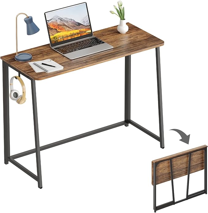 WOHOMO Folding Desk Small Writing Desk 39.4 Space-Saving Foldable Laptop Table Writing Workstation for Home Office Easy Assembly Rustic Walnut
