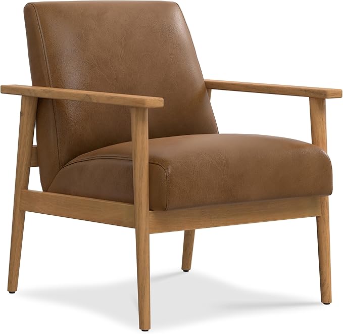 SIMPLIHOME Paloma Accent Chair - 22 inch Wide Upholstered Genuine Leather Contemporary Arm Chair with Solid Wood Frame in Caramel Brown for Living Room or Bedroom Seating Fully Assembled