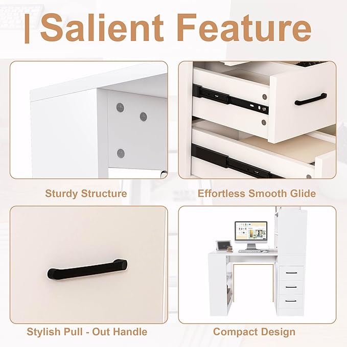 43'' White Modern Computer Desk with 4-in-1 Socket &amp 3 Drawers - Home Office Desk with 4 Shelves Standing Desk for Small Spaces Bedroom Studio - Compact Workstation Easy Assembly White