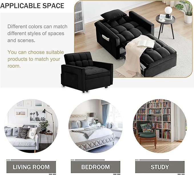 3 In 1 Velvet Convertible Sofa Bed Pull Out Couch Bed with Reclining Backrest And 2 Pillows 54 Full Size Loveseat Sleeper Sofa Futon Couch Bed Couches For Small Spaces Living Room (Black②)