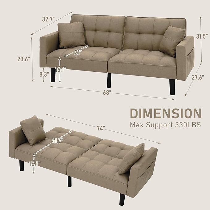 AVAWING Futon Sofa Bed Modern Linen Fabric Convertible Upholstered Couch with Adjustable Back Arms and High Strength Nylon Legs for Living Room Apartment Office (Khaki)