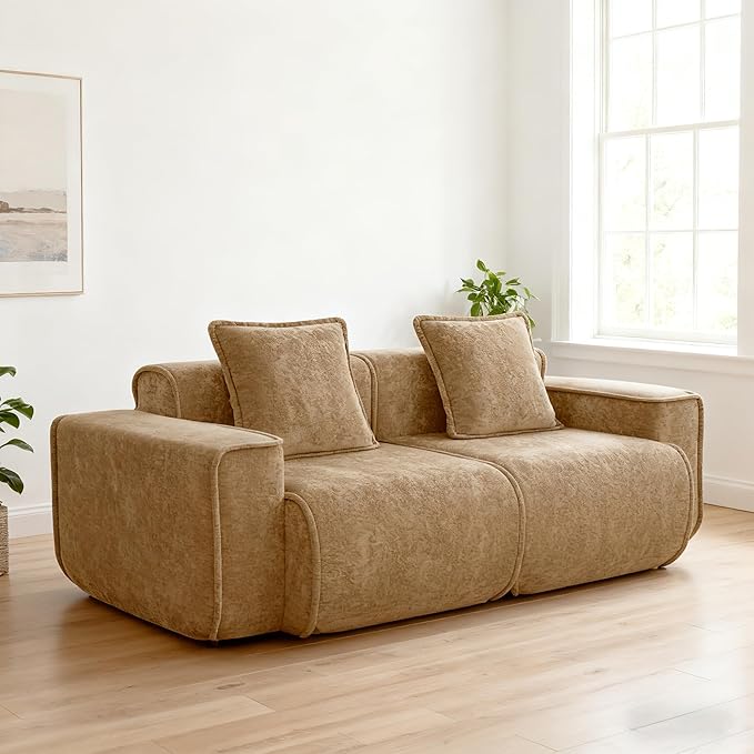 Casaphoria Velvet Modular Sofa 78.74 Inch Brown 2-Seater Couch with 2 Removable Pillows No Assembly Required Ideal for Apartments &amp Small Living Rooms