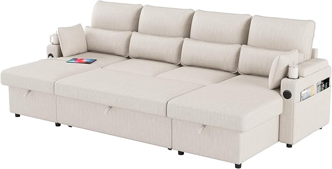 Sectional Sleeper Sofa with Pull Out Couch Bed with Storage Chaise for Living Room Comfy Linen Modular Sectional Sofa with Dual USB &amp Type-C Cup Holders (Beige 105 Inches)