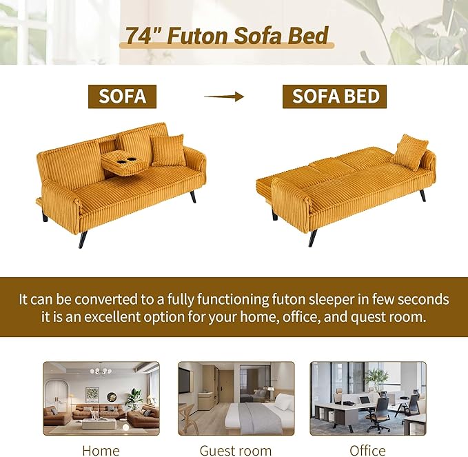 72 Modern Corduroy Sofa Bed FutonConvertible Sleeper Couch Bed with Cup Holder4 Reclining PositionsFolding Sofa Cloud Loveseat for Small Living Room Apartment Office (Orange-New)