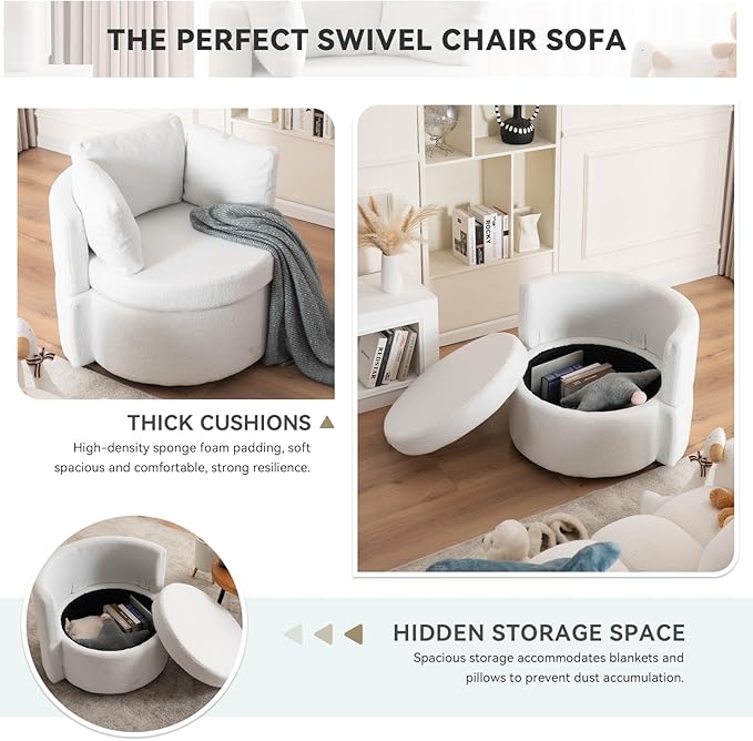 FOXHUNTER Swivel Barrel Chair 360 Degree Swivel Round Storage Chair with 3 Pillows Oversize Teddy Swivel Accent Chair Comfy Single Sofa Chair for Nursery Living Room Bedroom (Ivory)