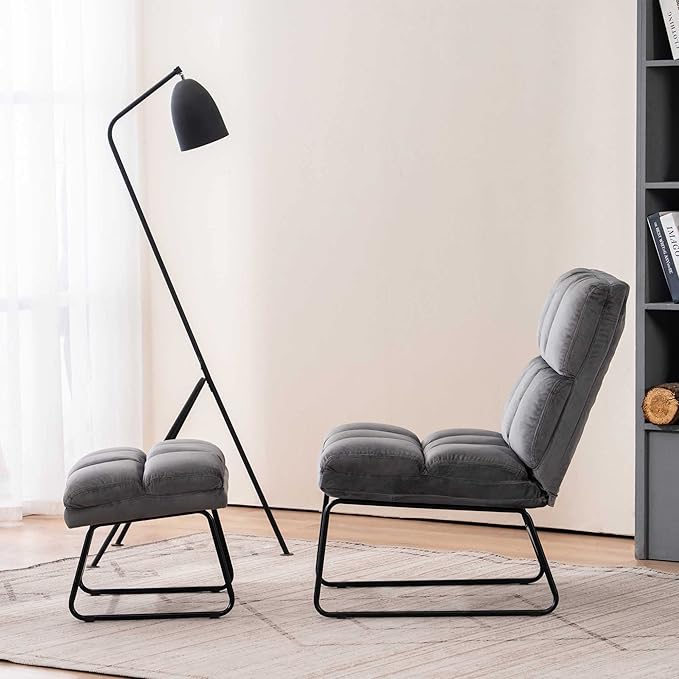 MCombo Velvet Accent Chair with Ottoman Set Modern Armless Chair for Living Room Bedroom Small Spaces Fabric 0014 (Dark Grey)