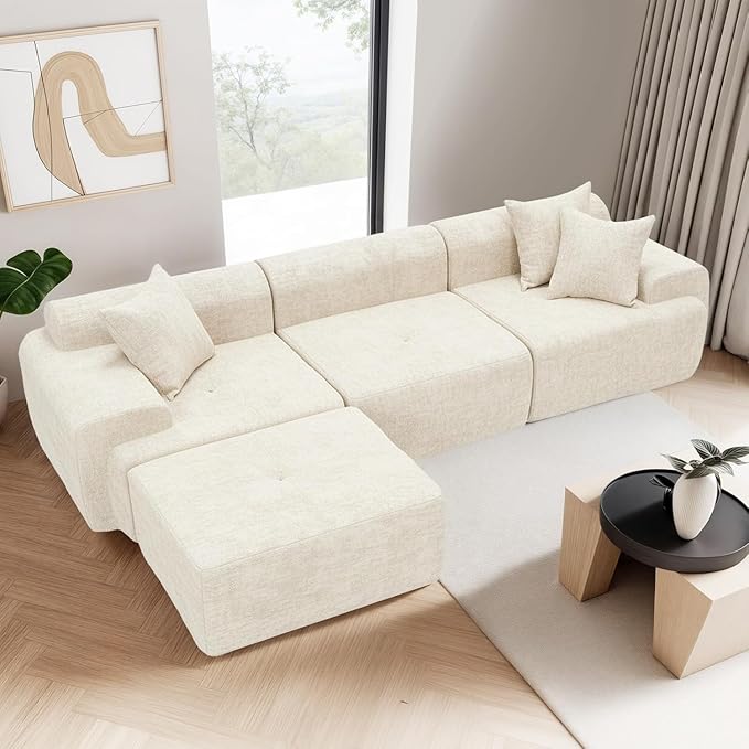 119’’ Modular Compression Sofa L-Shaped Cloud Sectional Couch with Chaise &amp Deep Seating Modern Upholstered Living Room Couch with Removable Pillows Easy Expand Design Beige Chenille Fabric