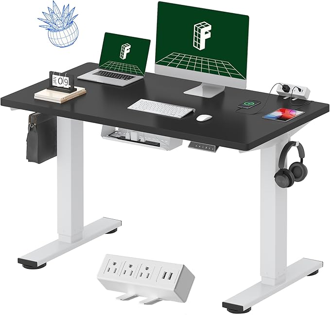 FLEXISPOT EN2 Whole-Piece Standing Desk with Clamp Power Strip 48 x 24 Electric Stand Up Height Adjustable Desk with Cable Management (White Frame + 48 Black Top 2 Packages)