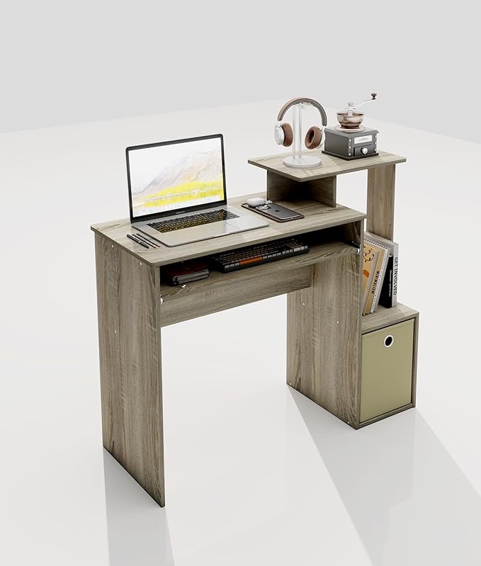 Small Computer Desk with Drawer Writing Desk with Storage Shelves for Home Office Bedroom Oak/Ivory