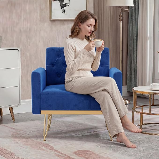 Olela Accent Chair with Arm for Living Room Velvet Modern Armchair Single Sofa Cozy Tufted Upholstered Reading Side Chairs with Gold Metal Leg for Bedroom Decorate Dark Blue