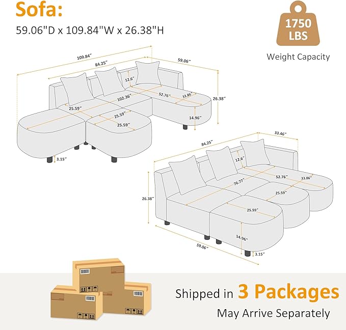 VANOMi 109.84 Modular Sectional Sofa with 3 Pillows Convertible 5-Seater Comfy Boucle Cloud Couch with Ottoman Modern Sectional Sofas for Living Room Office Apartment (Curry)