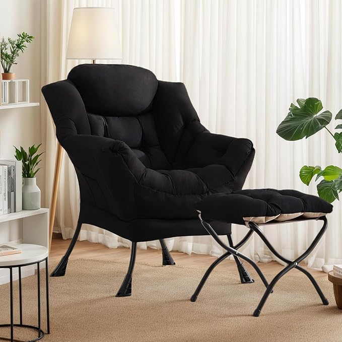 Lazy Chair with Ottoman Large Black Accent Chair with Ottoman Comfy Reading Armchair Leisure Sofa Chair for Living Room Bedroom Dorm Room Office