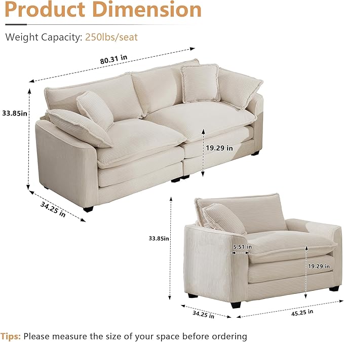mikibama Luxury 3 Piece Sofa Set Loveseat Couch &amp 2 Single Sofa Set Modern Corduroy Comfy Cloud Couches Set for Living Room Office with 2 Armrest Pillows and 4 Toss Pillows Beige