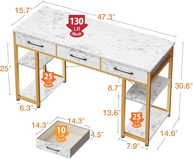 ODK Vanity Desk with 3 Fabric Drawers &amp Storage Shelves Makeup Dressing Table Home Office Desks for Bedroom Small Modern Writing Desk for Girls Bedroom White and Gold 48x16 (No Mirror)