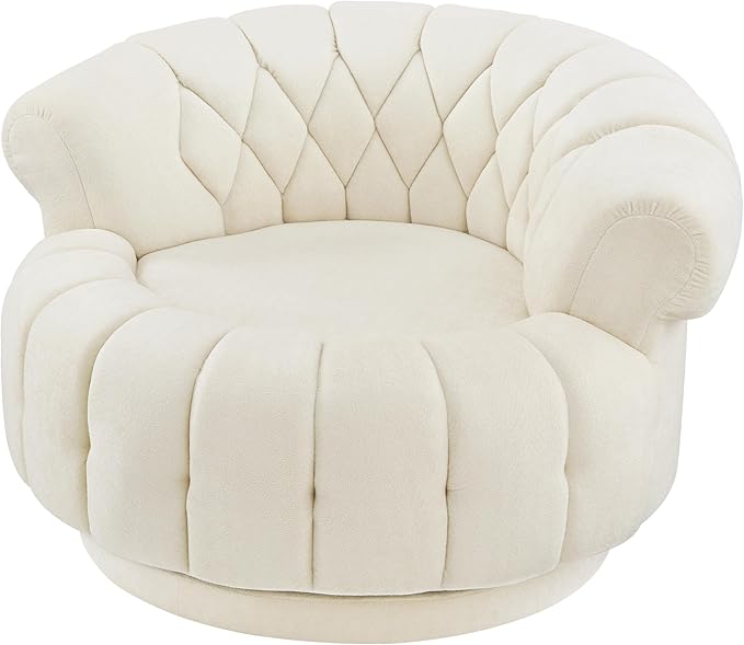 360° Swivel Accent Chair Chenille Fabric Barrel Swivel Chair Round Club Chair with Curved Armrests &amp Thick Cushioning Stylish Channel-Tufted &amp Diamond-Quilted Backrest for Living Room (Beige