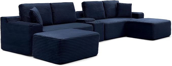 U-Shaped Cloud Sectional Couch Symmetrical Modular Compressed Boneless Sectional Sofa with Chaise Lounges and Console Plush Corduroy Boneless Corner Sofa for Living Room