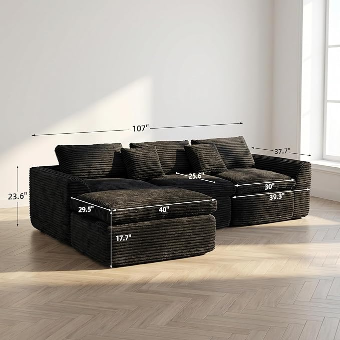 L-Shaped Corner Corduroy Sectional Sofa 4 Seat Modular Boneless Sofa Foam Cloud Couch with Movable Ottoman and Toss PillowsModern Deep Seat Convertible Chaise Sofa
