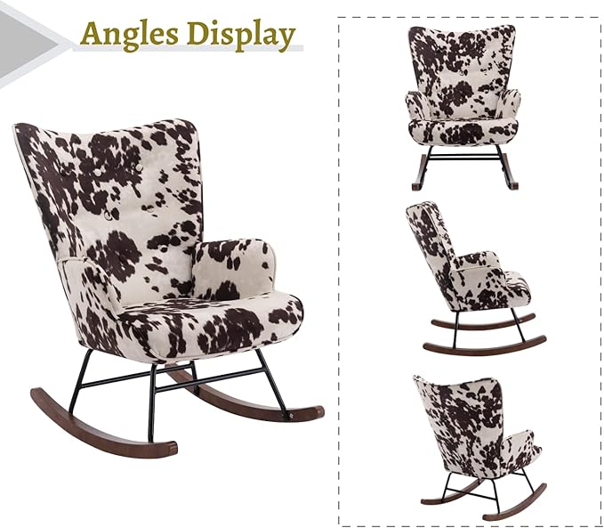EALSON Nursery Rocking Chair Fabric Upholstered Rocker Chair Tufted Wingback Accent Chair with Wooden Base Modern Comfy Lounge Armchair for Bedroom Living Room Cow