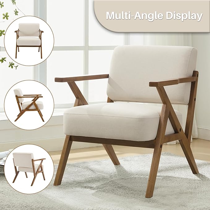 Mid Century Modern Accent Chair Set of 2 Linen Upholstered Boho Armchairs for Living Room Wood Frame Leisure Chair for Bedroom/Balcony/Hotel/CaféBeige