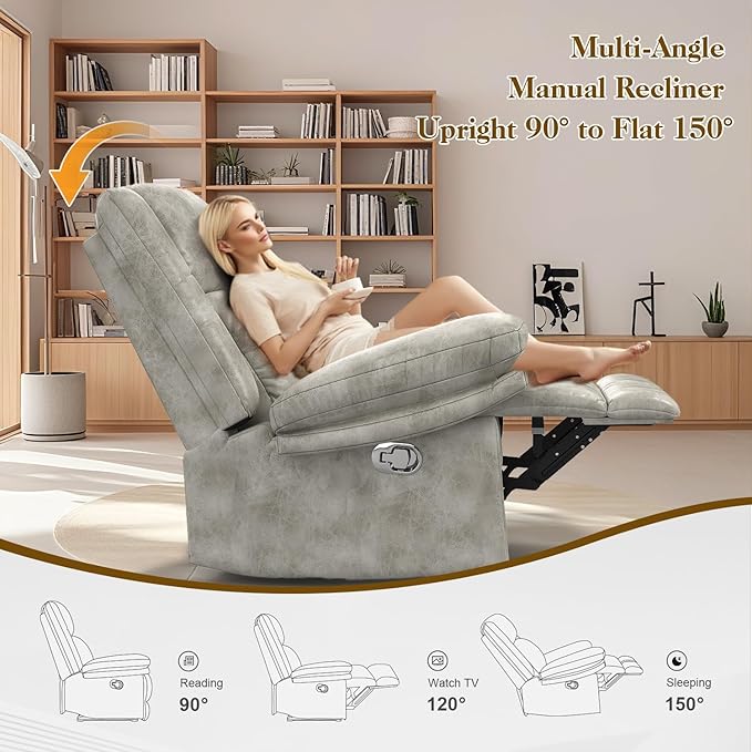 Recliner Chair for Adults Oversized Manual Pull Tab Reclining Chair 2-Tier Cushions Minimalist Style Single Sofa for Living Room RV (Polished Microfiber)