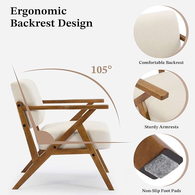 Mid Century Modern Chair Beige Accent Chair Upholstered Armchair with Solid Wood Frame Comfy Reading Nook Chair Lounge Chairs for Living Room Bedroom Linen