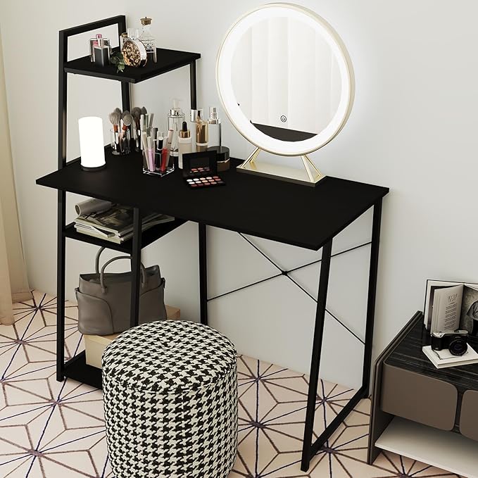 Tangkula Computer Desk with Shelves Space Saving Home Office Desk with 3-Tier Ladder Shaped Storage Bookshelf Modern Writing Study Desk with Metal Frame Compact Computer Workstation (Black)