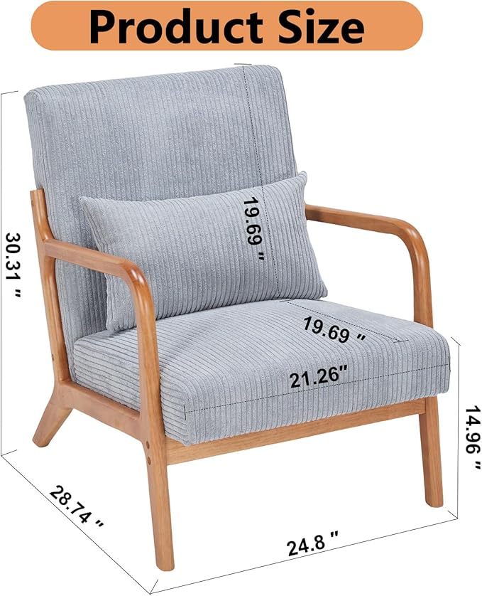 Mid Century Modern Accent Chair with Waist CushionComfy Upholstered Lounge Chair Ergonomic Reading Chair with Solid Rubberwood Frame for Living Room Bedroom (Light Grey)